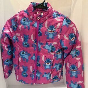 Disney Stitch Girls Pink Puffer Jacket Size 7/8 Lilo & Stitch Winter Coat